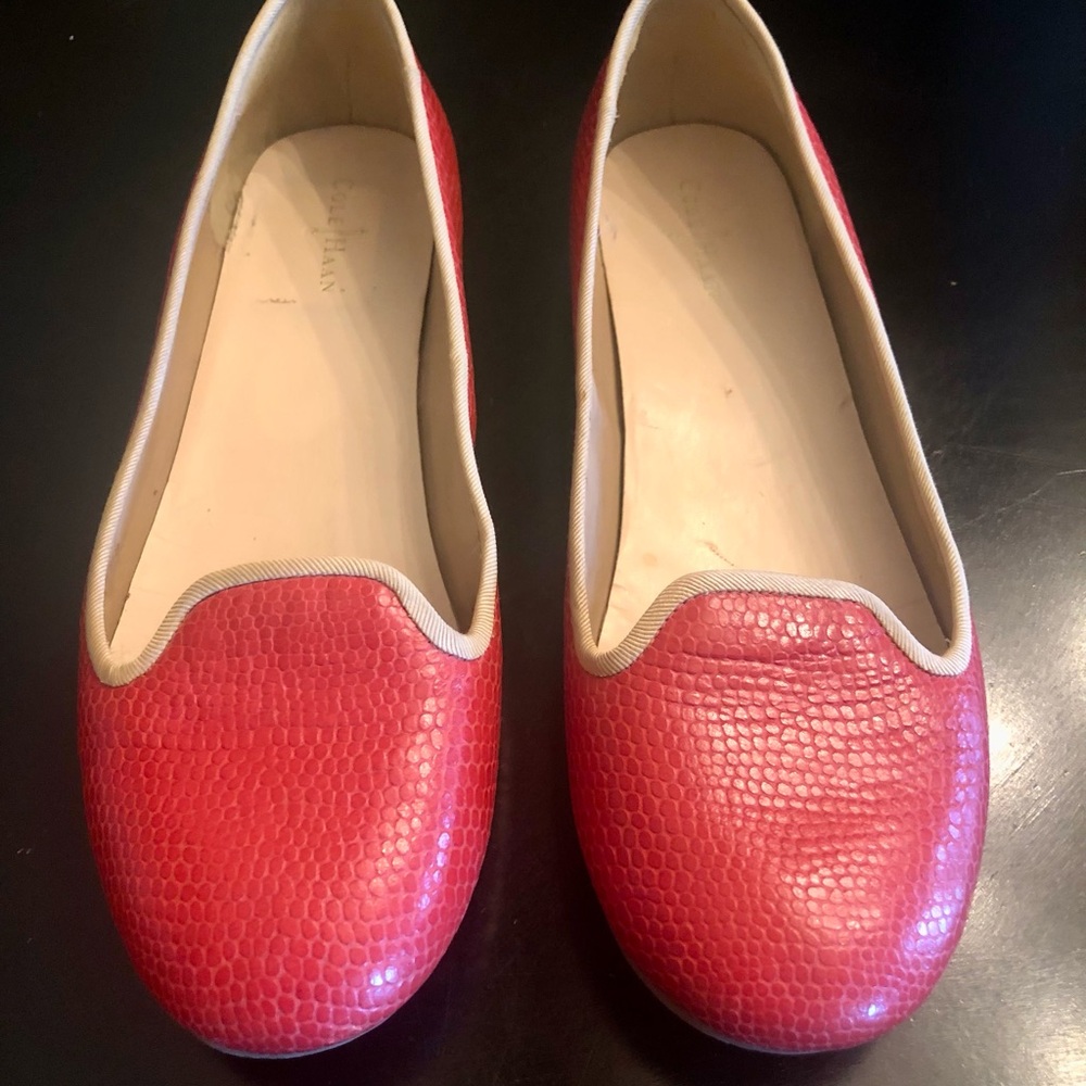 Cole Haan Orange Textured Leather Slip-On Flats with Khaki Trim - Picture 2 of 5